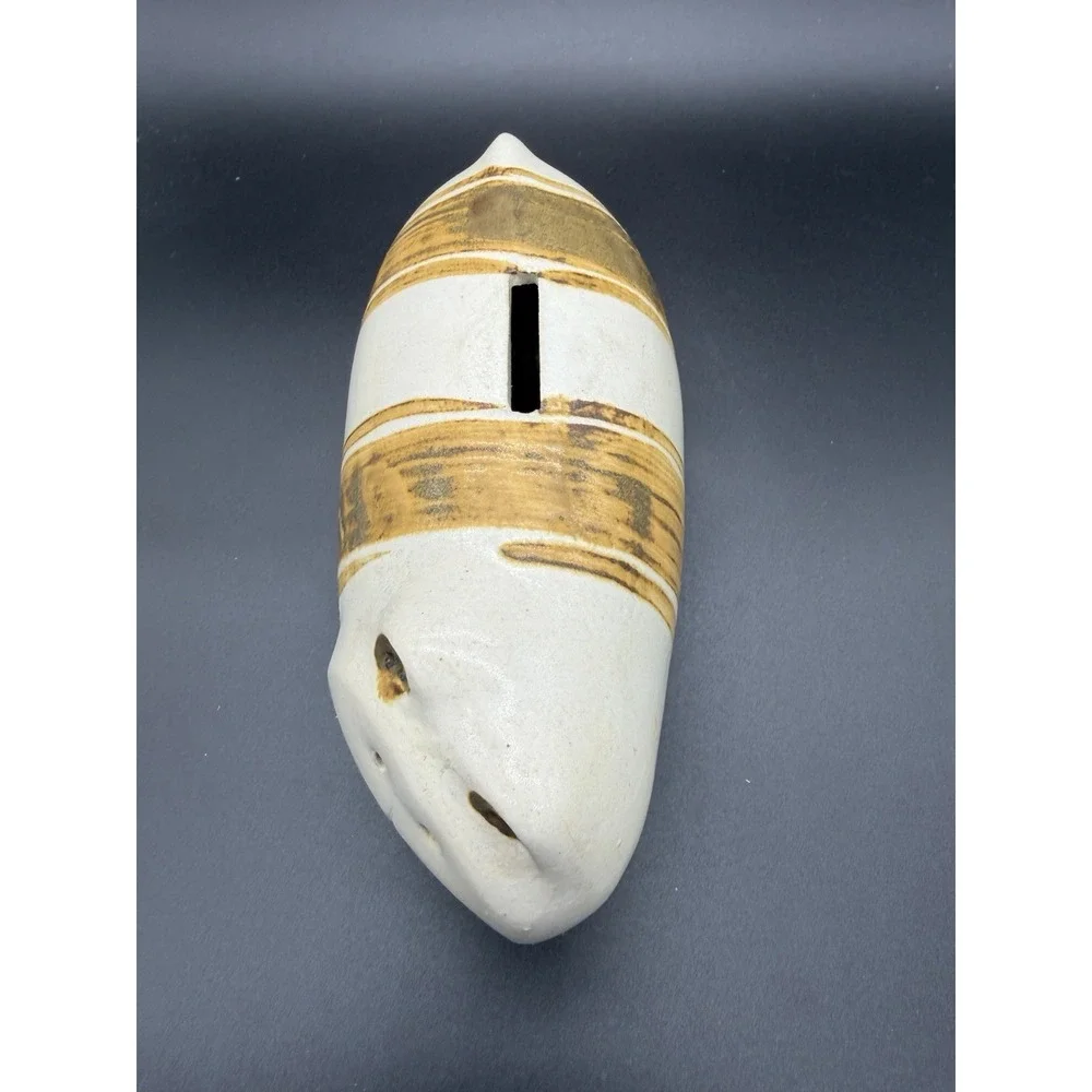 Vintage Pottery Cat Coin Bank Striped Flat Face Earth‎ Tone Decor